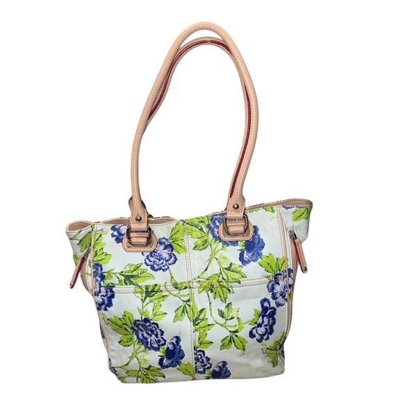 Tignanello Handbags - Tignanello White Tote with Blue and Green Floral Design